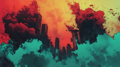 Urban skyline under dense colored clouds and haze.