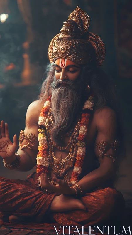 Golden sage in marigold garlands holding silence steady.