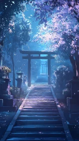Stepped path passes torii gates under dense flowering trees