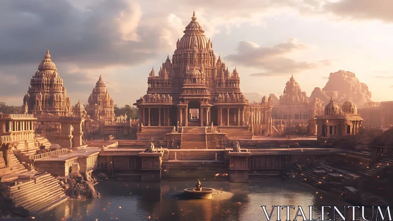 Digital painting of monumental riverside temple complex at dusk.