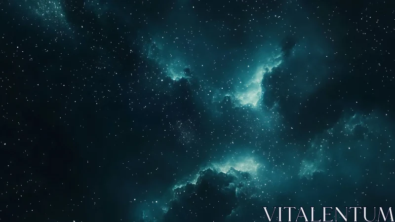 Star field over teal nebula clouds in deep space.