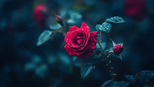 Deep Red Rose Glistens with Raindrops in Moody Garden Light.