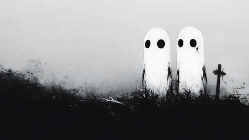 Two lonely ghost figures drift above a stark graveyard