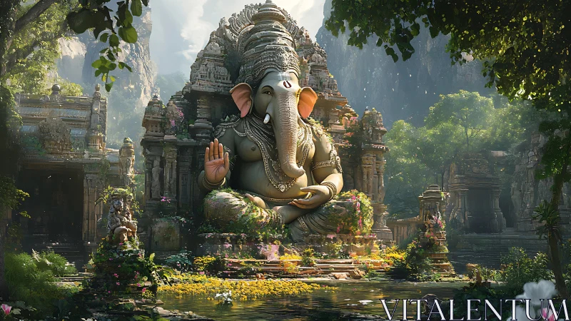Stone elephant deity statue in dense forest temple complex.