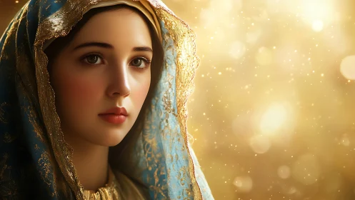 Serene young woman in ornate blue veil against golden glow.