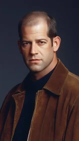 Stoic middle-aged man in brown suede jacket portrait.