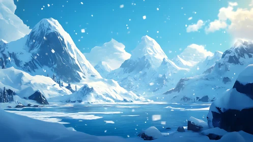 Glacial mountain basin under crystalline blue winter atmosphere.