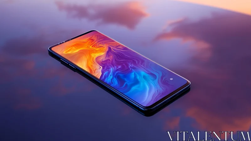 Sleek smartphone floating above vivid twilight reflections.
