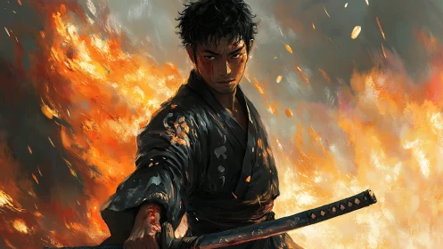 Determined samurai stands before blazing battlefield flames.