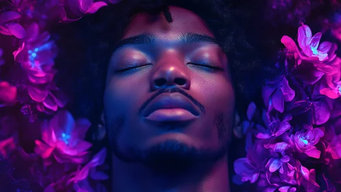 Neon-lit portrait of serene face framed by magenta florals.