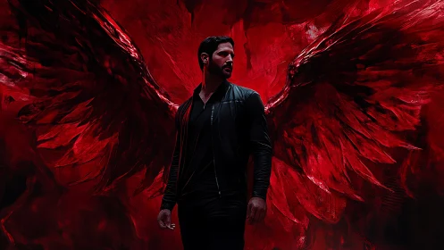 Dark-winged figure posed before crimson abstract wings.