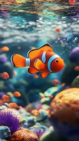Clownfish in shallow coral reef environment underwater.