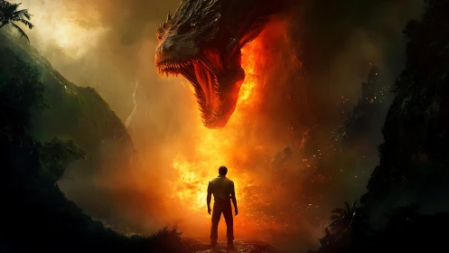Brave explorer meets roaring dragon in a fiery jungle realm.