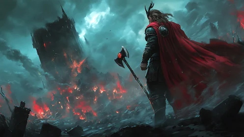 Warrior in crimson cloak before burning obsidian citadel.