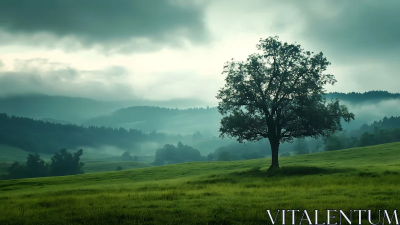 Single tree in misty green valley under soft morning clouds.