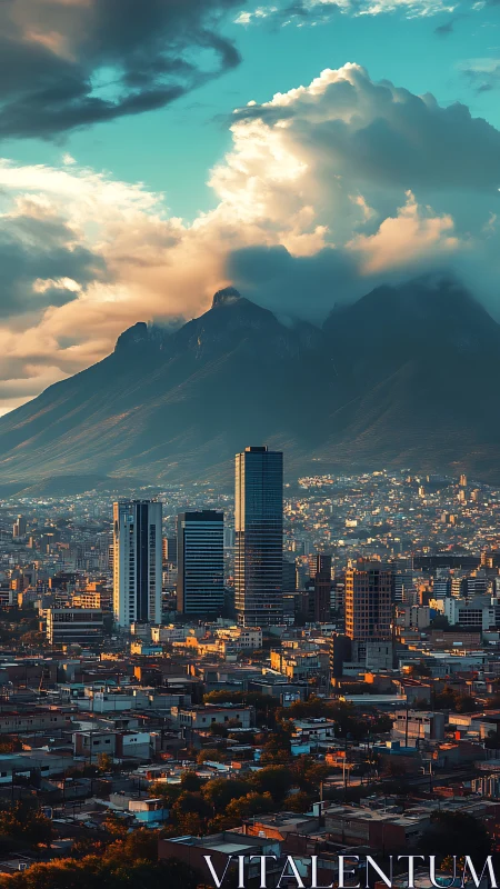 Sunlit skyline rises beneath dramatic storm-lit mountains