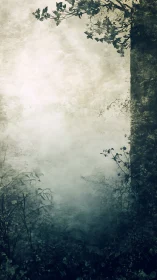 Quiet forest edge fading gently into soft morning mist.