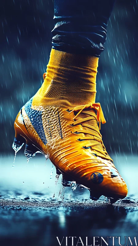 Bold yellow soccer cleat powers through rain soaked pitch