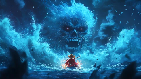 Digital painting of lone warrior facing colossal spectral wave skull.