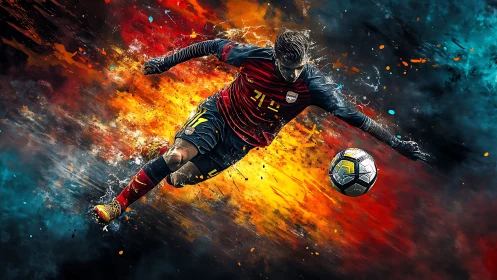 Soccer player in midair kick with abstract color field backdrop.