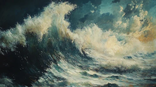 Storm-tossed ocean waves crash under dramatic teal skies