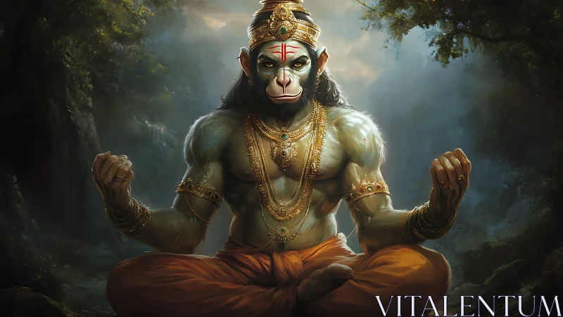 Divine simian yogi in forest temple light, gilded ornaments