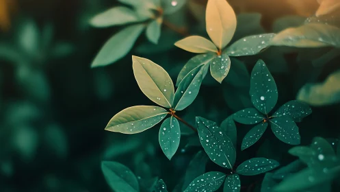 Rain-kissed green leaves form a shallow-depth botanical study