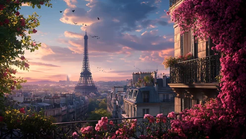 Romantic Paris balcony frames the Eiffel Tower at sunset