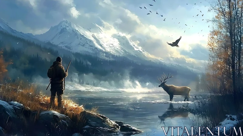 Quiet mountain encounter between wanderer and winter stag.