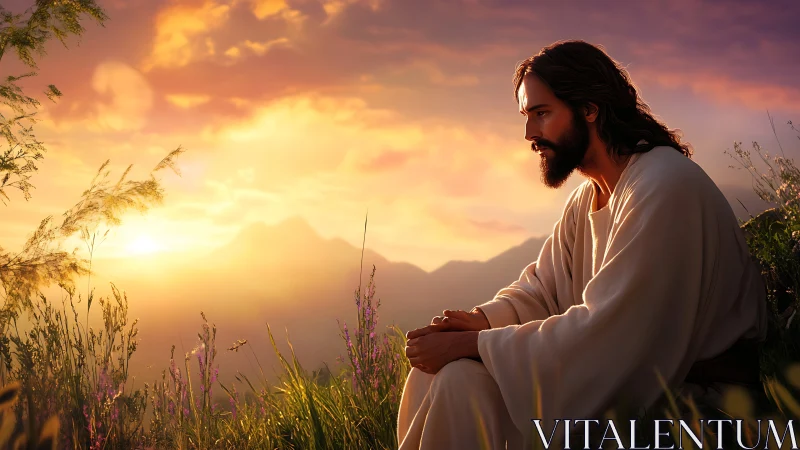 Gentle robed man rests in quiet prayer at glowing sunset