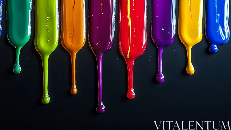Glossy rainbow paint drips on dark black background.