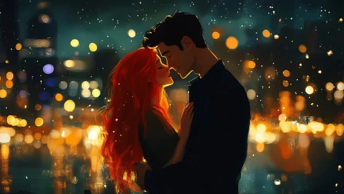 Couple Sharing a Kiss Under Glowing City Lights at Night