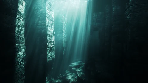 Submerged monolithic corridor with volumetric caustic light shafts.