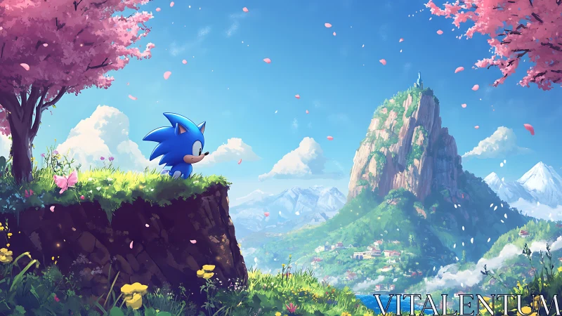 Stylized blue hedgehog overlooks mountainous valley under sakura sky