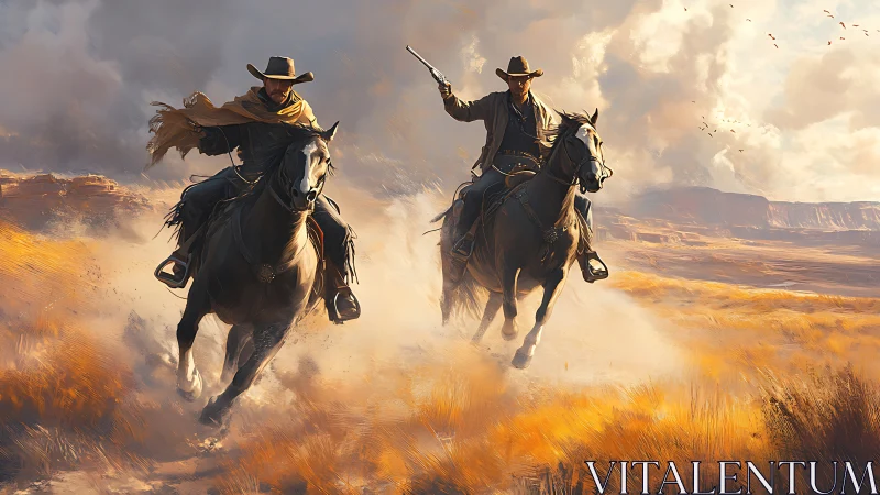 Cowboy riders charge across blazing dust-filled canyon plain.