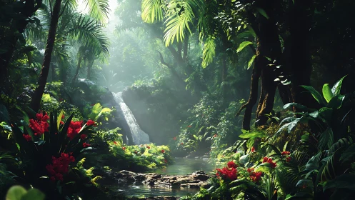 Tropical Waterfall in Lush Rainforest Paradise.