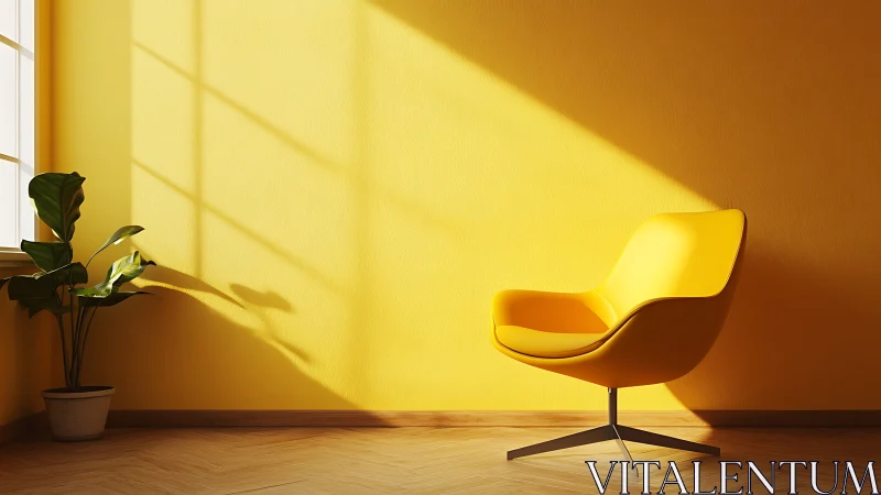 Monochrome yellow lounge corner with directional daylight shadows.