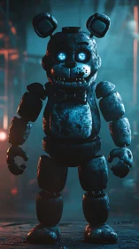 Rustic blue robot bear with glowing eyes in factory scene.