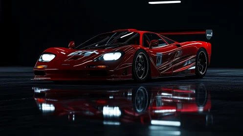 Red race car in dark studio with glossy floor reflection.