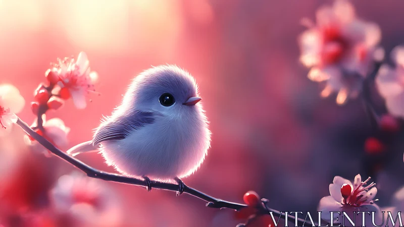 Luminous bird perched amid cherry blossoms in soft bokeh landscape.