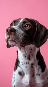 Expressive brown and white dog gazes upward on pink backdrop.