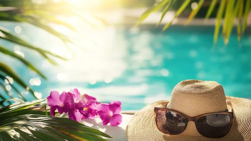 Straw hat and sunglasses by turquoise swimming pool.