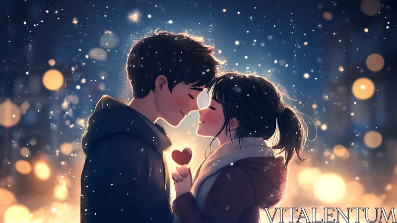 Winter city romance with glowing bokeh and tender embrace.