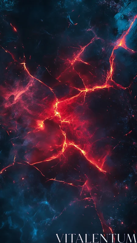 Lava-like cosmic fissures blaze through deep blue void.