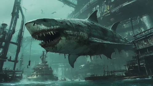 Rustborne leviathan gliding through drowned steel cityscape.
