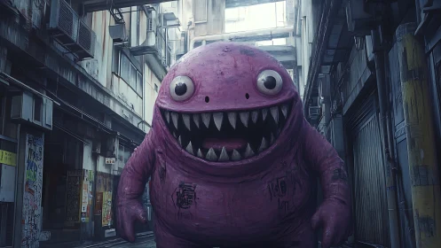 Pink creature occupies narrow urban alley with direct gaze