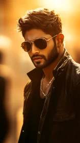 Man in sunglasses and leather jacket under warm backlight.