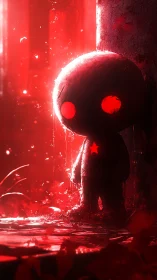 Crimson-lit doll figure beside decayed pillar in ruins.