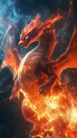 Inferno dragon erupts amid swirling blue cosmic embers.