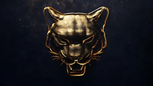 Golden Panther Head Sculpture on Dark Textured Background.